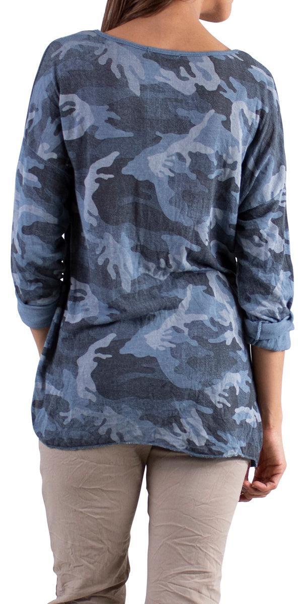 Alana Long Sleeve V-Neck Camo Sweater - Gigi Moda - Made in Italy # Blouse, Camo, comforatable fit, made in italy, Sequins, Tops, womans clothing