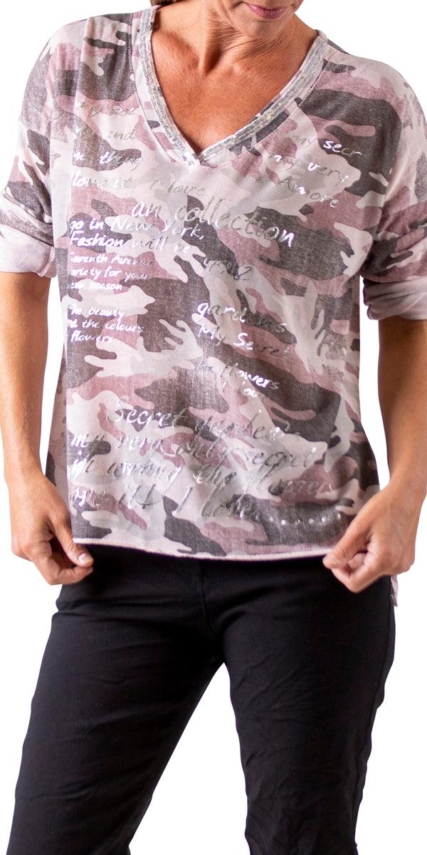 Alana Camo Sweater with Writing - Gigi Moda - Made in Italy # Blouse, Camo, comforatable fit, Gigi Moda, gigi moda. made in italy, graffiti, Long Sleeve, made in italy, script, Sequins, shop gigi moda, Tops, V Neck, womans clothing, writing