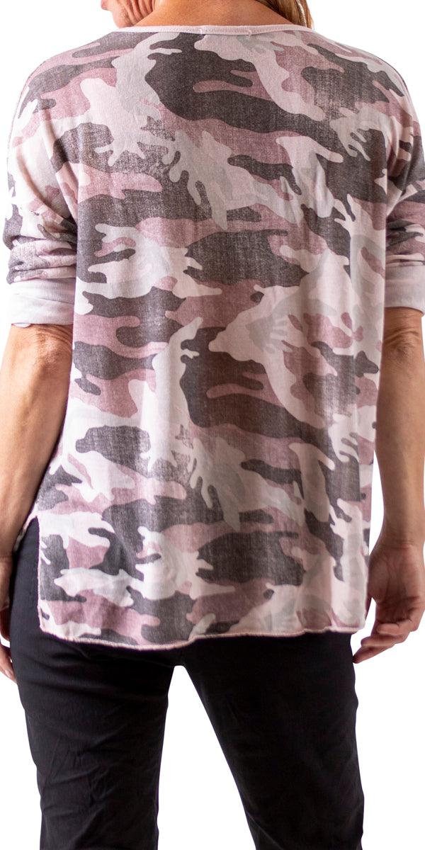 Alana Camo Sweater with Writing - Gigi Moda - Made in Italy # Blouse, Camo, comforatable fit, Gigi Moda, gigi moda. made in italy, graffiti, Long Sleeve, made in italy, script, Sequins, shop gigi moda, Tops, V Neck, womans clothing, writing