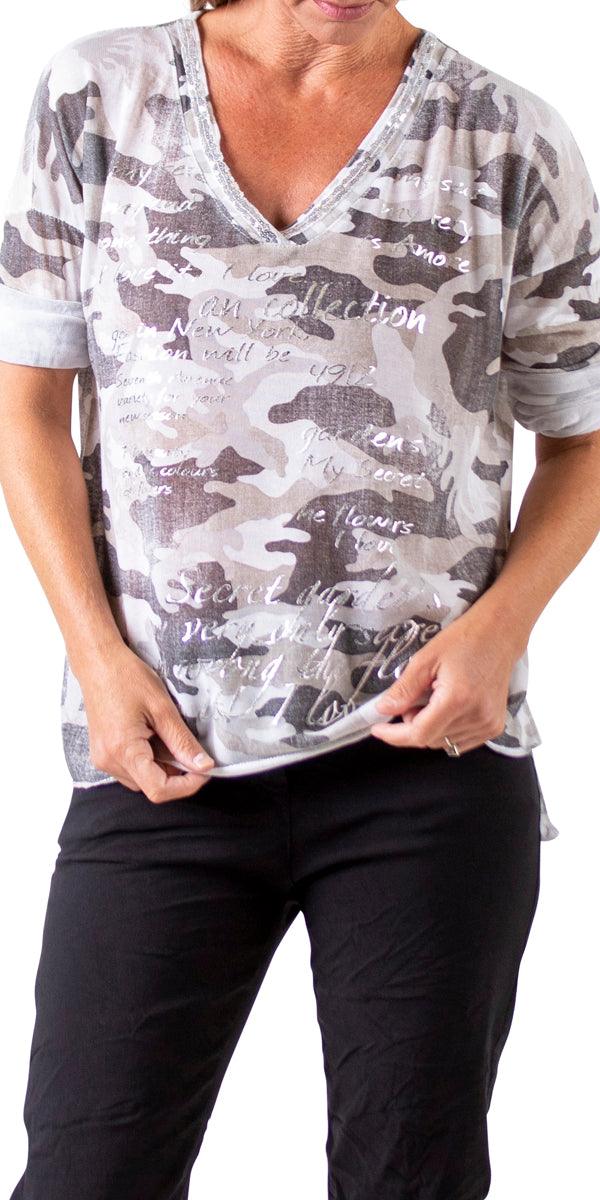 Alana Camo Sweater with Writing - Gigi Moda - Made in Italy # Blouse, Camo, comforatable fit, Gigi Moda, gigi moda. made in italy, graffiti, Long Sleeve, made in italy, script, Sequins, shop gigi moda, Tops, V Neck, womans clothing, writing