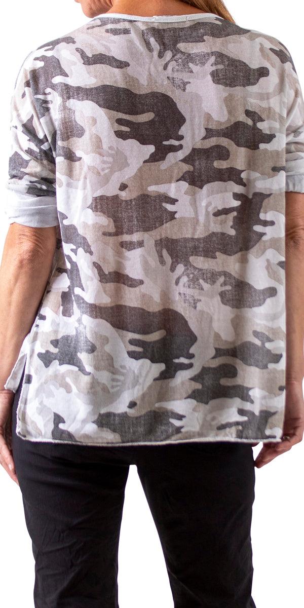 Alana Camo Sweater with Writing - Gigi Moda - Made in Italy # Blouse, Camo, comforatable fit, Gigi Moda, gigi moda. made in italy, graffiti, Long Sleeve, made in italy, script, Sequins, shop gigi moda, Tops, V Neck, womans clothing, writing