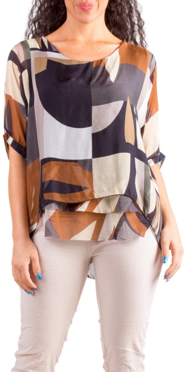 Carmelina Graphic Silk Kaftan - Gigi Moda - Made in Italy # 100% silk, abstract print, california boutique, carlsbad, Frayed Edge, free shipping, Gigi Moda, italian blouse, Italian Clothing, italian fashion, italian outfit, italian silk, Kaftan, made in Italy, maxretail, online shopping, raw edge, top