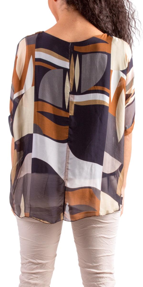 Carmelina Graphic Silk Kaftan - Gigi Moda - Made in Italy # 100% silk, abstract print, california boutique, carlsbad, Frayed Edge, free shipping, Gigi Moda, italian blouse, Italian Clothing, italian fashion, italian outfit, italian silk, Kaftan, made in Italy, maxretail, online shopping, raw edge, top