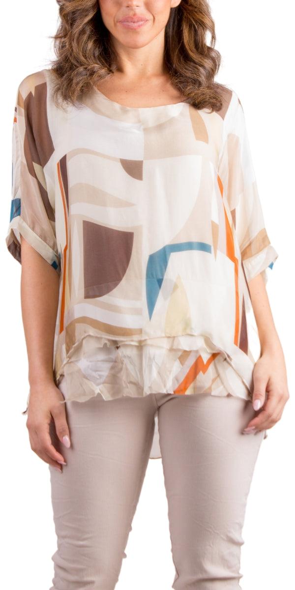 Carmelina Graphic Silk Kaftan - Gigi Moda - Made in Italy # 100% silk, abstract print, california boutique, carlsbad, Frayed Edge, free shipping, Gigi Moda, italian blouse, Italian Clothing, italian fashion, italian outfit, italian silk, Kaftan, made in Italy, maxretail, online shopping, raw edge, top