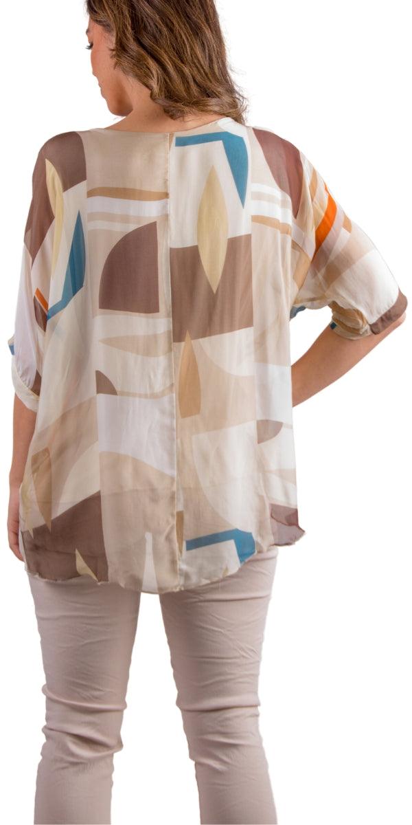 Carmelina Graphic Silk Kaftan - Gigi Moda - Made in Italy # 100% silk, abstract print, california boutique, carlsbad, Frayed Edge, free shipping, Gigi Moda, italian blouse, Italian Clothing, italian fashion, italian outfit, italian silk, Kaftan, made in Italy, maxretail, online shopping, raw edge, top