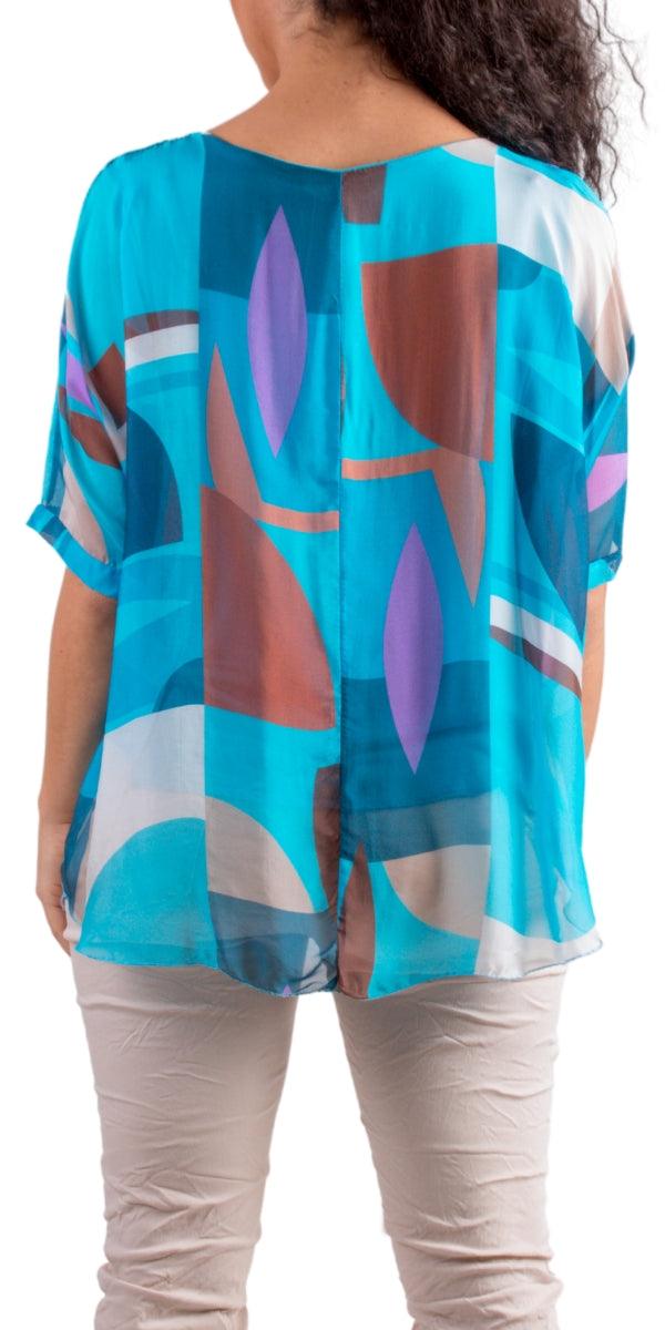 Carmelina Graphic Silk Kaftan - Gigi Moda - Made in Italy # 100% silk, abstract print, california boutique, carlsbad, Frayed Edge, free shipping, Gigi Moda, italian blouse, Italian Clothing, italian fashion, italian outfit, italian silk, Kaftan, made in Italy, maxretail, online shopping, raw edge, top