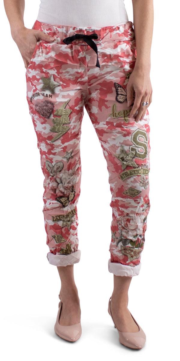 Celina Army Pant - Gigi Moda - Made in Italy # Butterfly, Camo, Cotton, drawstring, drawstring pants, Gigi Moda, Made in Italy, one size, OS, Pants, resort, spring, summer, washable