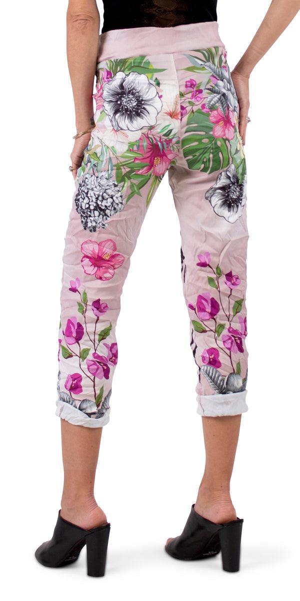 Celina Tropical Pant - Gigi Moda - Made in Italy # brushstroke print, color, comfortable, comfortable fit, Cotton, cuffed, Floral Print, Gigi Moda, Graphic Print, Made in Italy, Print, resort, resort wear, spray paint, streetwear, summer, tropical, tropical print