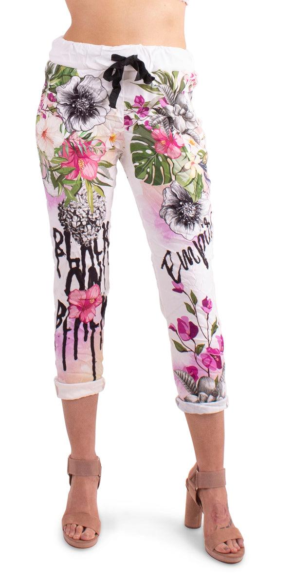 Celina Tropical Pant - Gigi Moda - Made in Italy # brushstroke print, color, comfortable, comfortable fit, Cotton, cuffed, Floral Print, Gigi Moda, Graphic Print, Made in Italy, Print, resort, resort wear, spray paint, streetwear, summer, tropical, tropical print