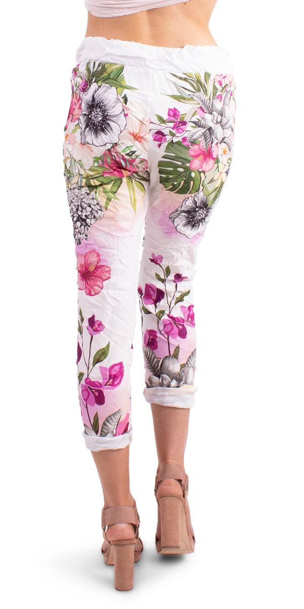 Celina Tropical Pant - Gigi Moda - Made in Italy # brushstroke print, color, comfortable, comfortable fit, Cotton, cuffed, Floral Print, Gigi Moda, Graphic Print, Made in Italy, Print, resort, resort wear, spray paint, streetwear, summer, tropical, tropical print