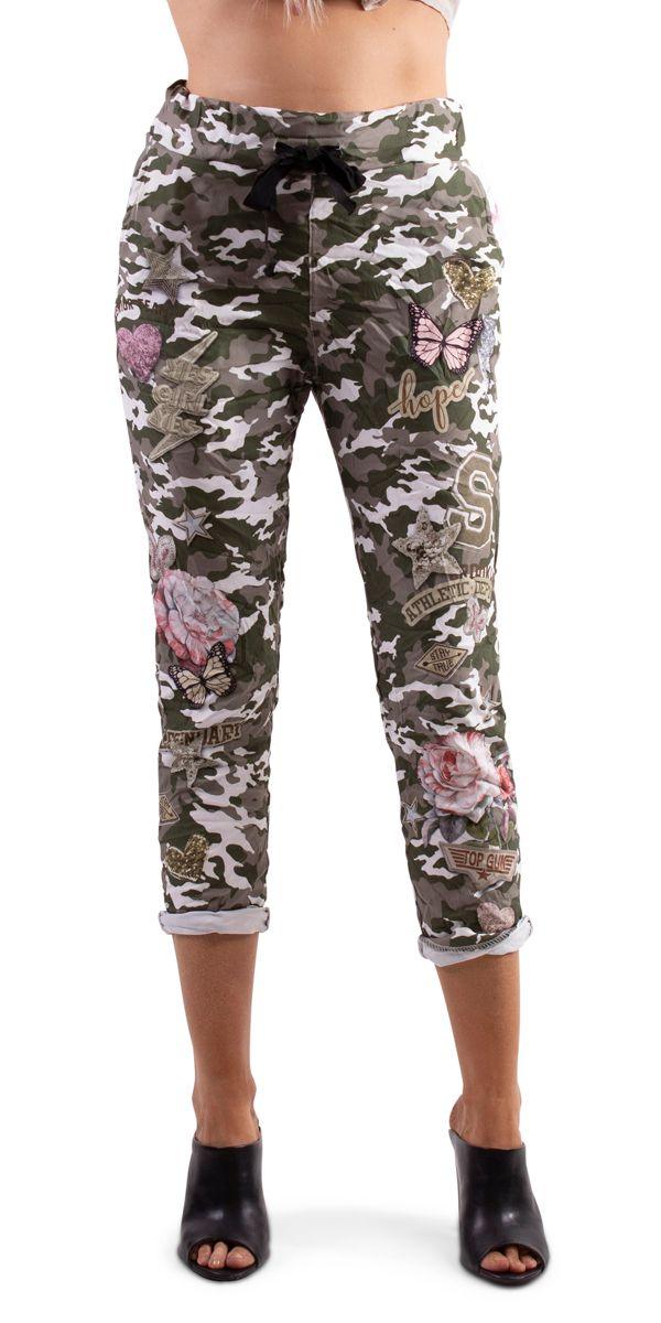 Celina Army Pant - Gigi Moda - Made in Italy # Butterfly, Camo, Cotton, drawstring, drawstring pants, Gigi Moda, Made in Italy, one size, OS, Pants, resort, spring, summer, washable