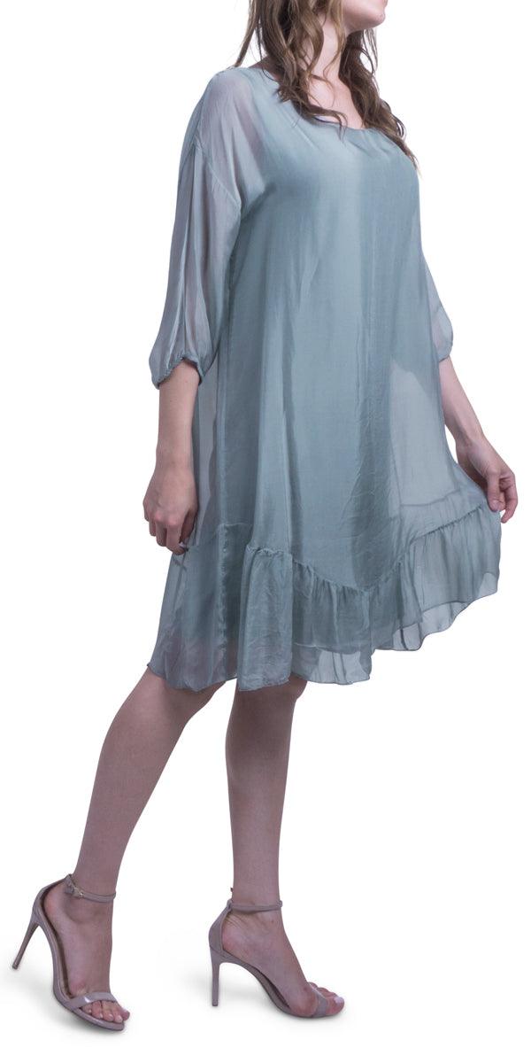 Strolia Silk Dress - Gigi Moda - Made in Italy # 100% Silk, Dress, GATHERED, Gigi Moda, Made in Italy, OS, Ruffle, ruffle dress, Silk, washable