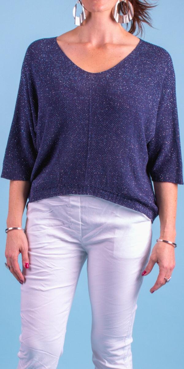 Lana Sweater - Gigi Moda - Made in Italy # 3/4 length, 3/4 Sleeve, 3/4 Sleeves, fall, Gigi Moda, gigi moda. made in italy, glitter, italian top, knit, metallic, shop gigi moda, sweater, Top, V Neck, v-neck top