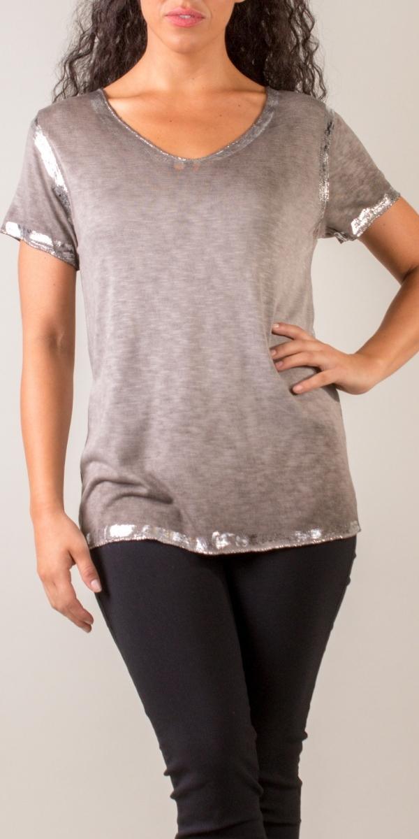 Lunia T-Shirt - Gigi Moda - Made in Italy # 8323, Gigi Moda, italian top, Made in Italy, metallic shine, one size, OS, resort, resort wear, Silver edges, washable
