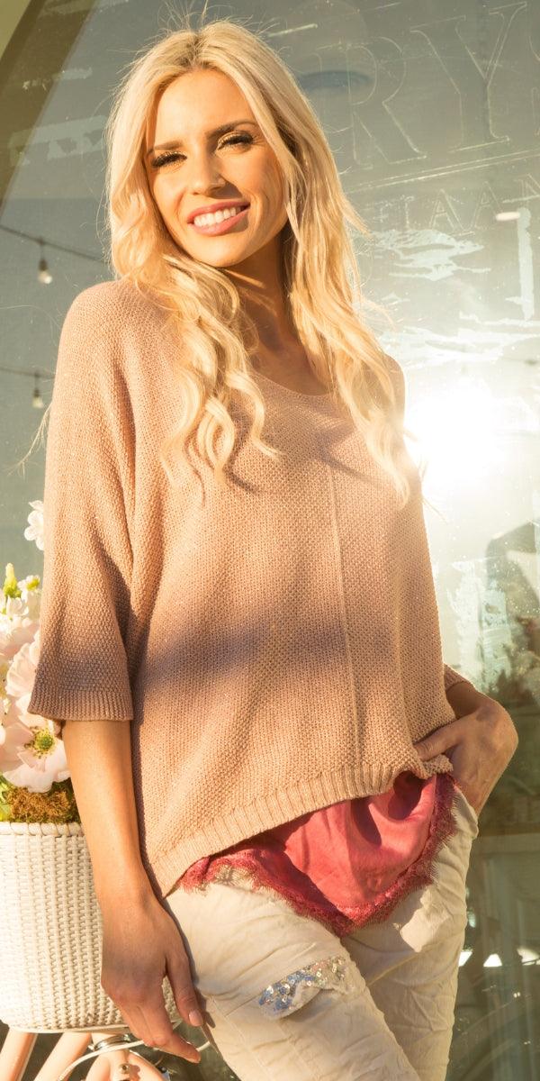 Lana Sweater - Gigi Moda - Made in Italy # 3/4 length, 3/4 Sleeve, 3/4 Sleeves, fall, Gigi Moda, gigi moda. made in italy, glitter, italian top, knit, metallic, shop gigi moda, sweater, Top, V Neck, v-neck top