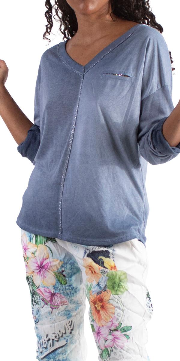 Piamo Two Tone Knit - Gigi Moda - Made in Italy # Gigi Moda, italian top, OS, silver accents, silver edge, Sleeves, Top