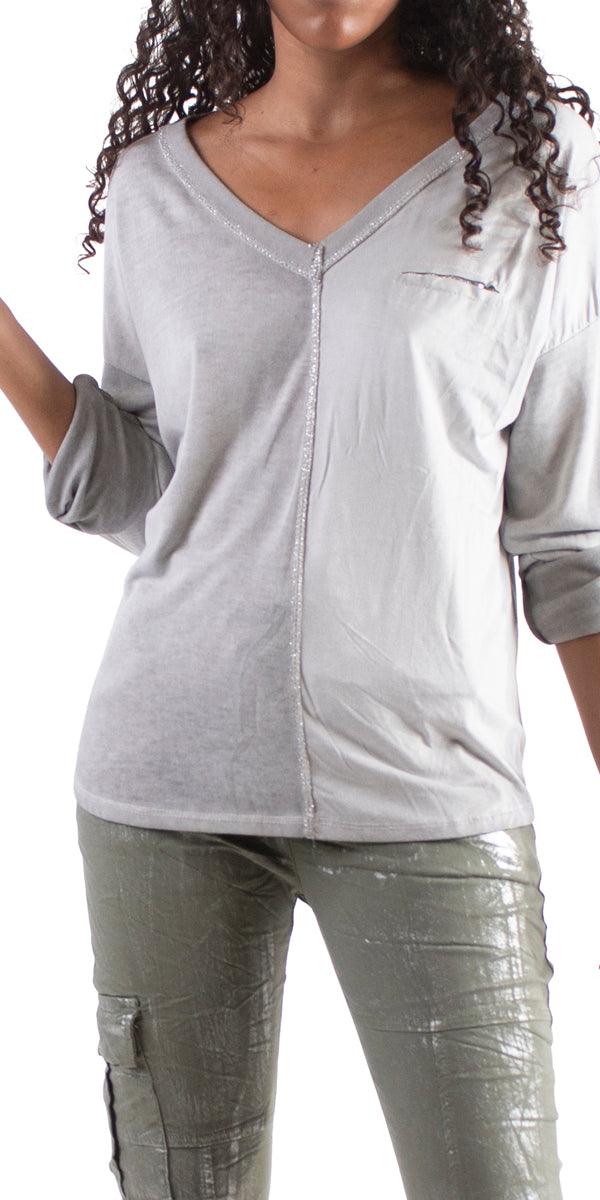 Piamo Two Tone Knit - Gigi Moda - Made in Italy # Gigi Moda, italian top, OS, silver accents, silver edge, Sleeves, Top