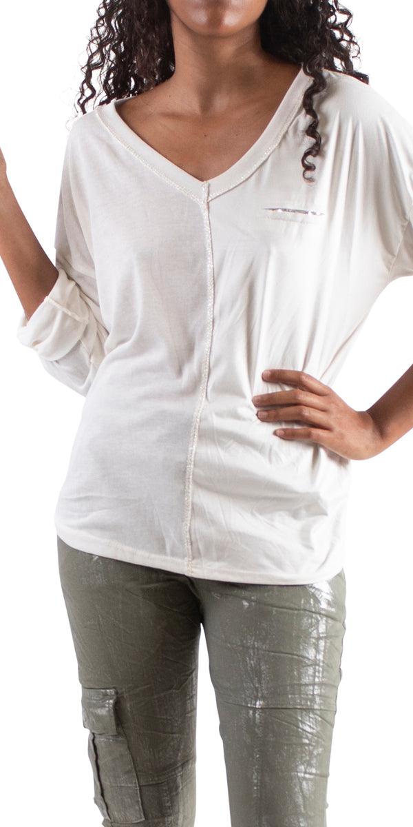 Piamo Two Tone Knit - Gigi Moda - Made in Italy # Gigi Moda, italian top, OS, silver accents, silver edge, Sleeves, Top