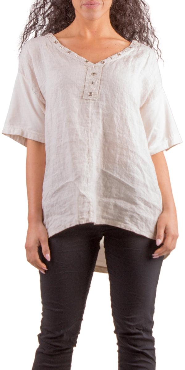Aldina Linen Top - Gigi Moda - Made in Italy # Blouse, free shipping, Gigi Moda, grommets, italian top, Linen, Made in Italy, shirt, shop gigi moda, spring, studded, summer, Top