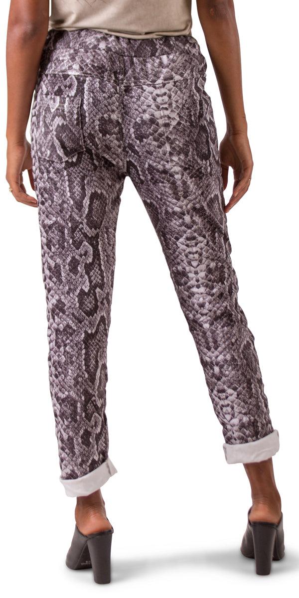 Snake Print Tie-Waist Pant - Gigi Moda - Made in Italy # COMFY PANTS, Cropped pants, drawstring, drawstring pant, drawstring pants, Gigi Moda, Italian pant, Made in Italy, Pants, pockets, shop gigi moda, snake print, snake print made in Italy, STRETCHY PANT