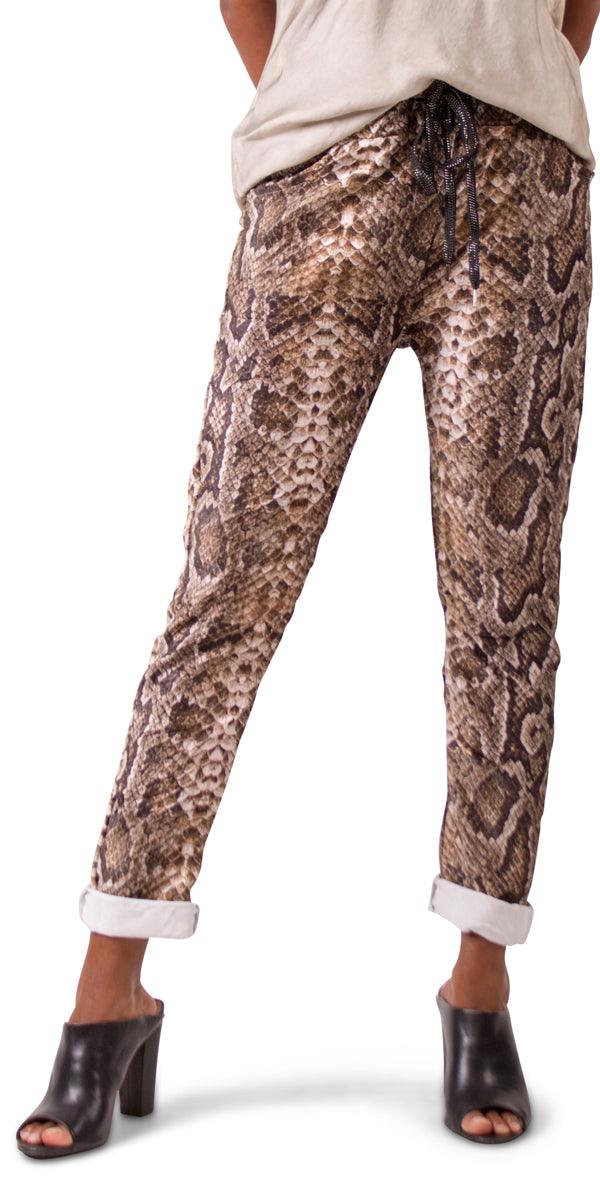 Snake Print Tie-Waist Pant - Gigi Moda - Made in Italy # COMFY PANTS, Cropped pants, drawstring, drawstring pant, drawstring pants, Gigi Moda, Italian pant, Made in Italy, Pants, pockets, shop gigi moda, snake print, snake print made in Italy, STRETCHY PANT