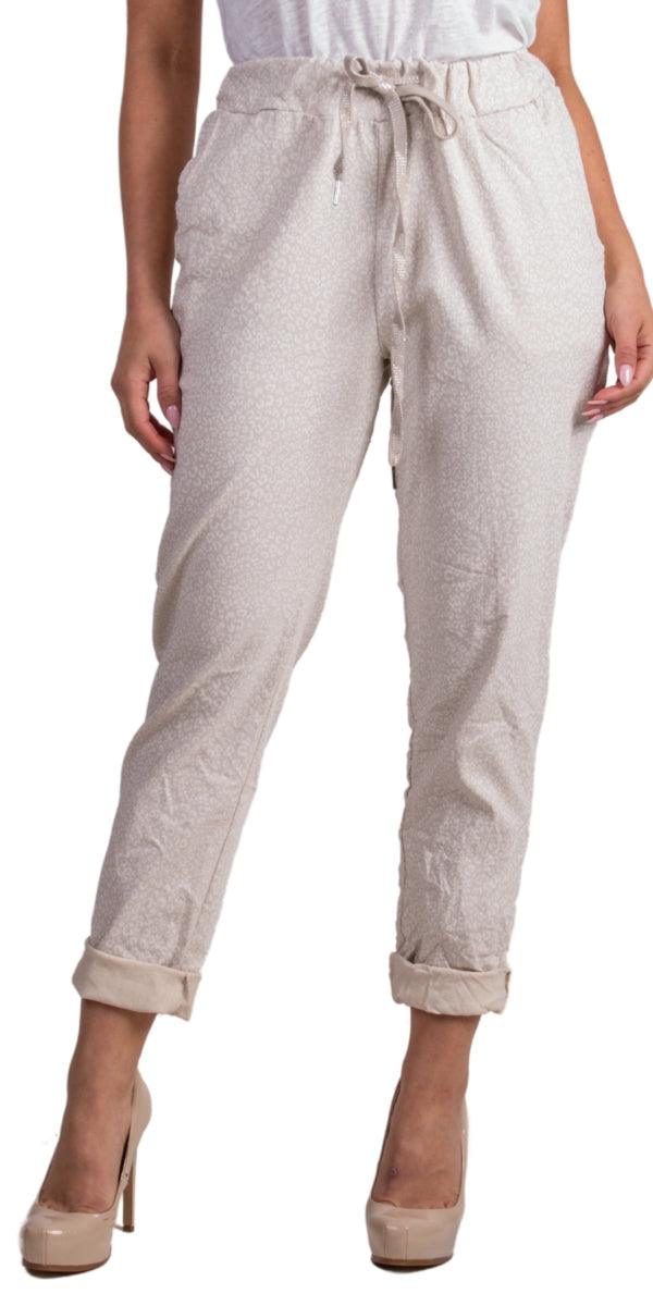 Cornelia Cheetah Print Pant - Gigi Moda - Made in Italy # cheetah print, cropped, cropped pant, Cropped pants, drawstring, drawstring pant, drawstring pants, floral, floral design, floral pattern, Floral Print, Gigi Moda, ikat print, Italian Clothing, linen, Made in Italy, Pants, stretchy, summer, Tie waist, washable
