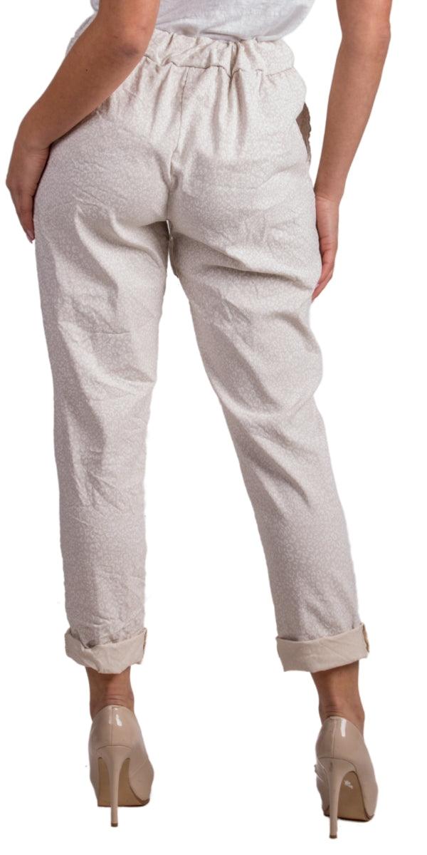 Cornelia Cheetah Print Pant - Gigi Moda - Made in Italy # cheetah print, cropped, cropped pant, Cropped pants, drawstring, drawstring pant, drawstring pants, floral, floral design, floral pattern, Floral Print, Gigi Moda, ikat print, Italian Clothing, linen, Made in Italy, Pants, stretchy, summer, Tie waist, washable