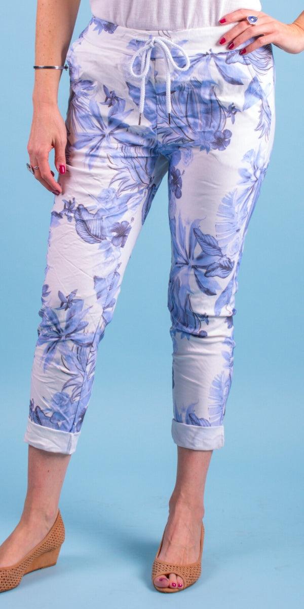 Cornelia Floral Pant - Gigi Moda - Made in Italy # cropped, cropped pant, Cropped pants, drawstring, drawstring pant, drawstring pants, floral, floral design, floral pattern, Floral Print, Gigi Moda, ikat print, Italian Clothing, linen, Made in Italy, Multi Floral Print, Pants, stretchy, summer, Tie waist, washable