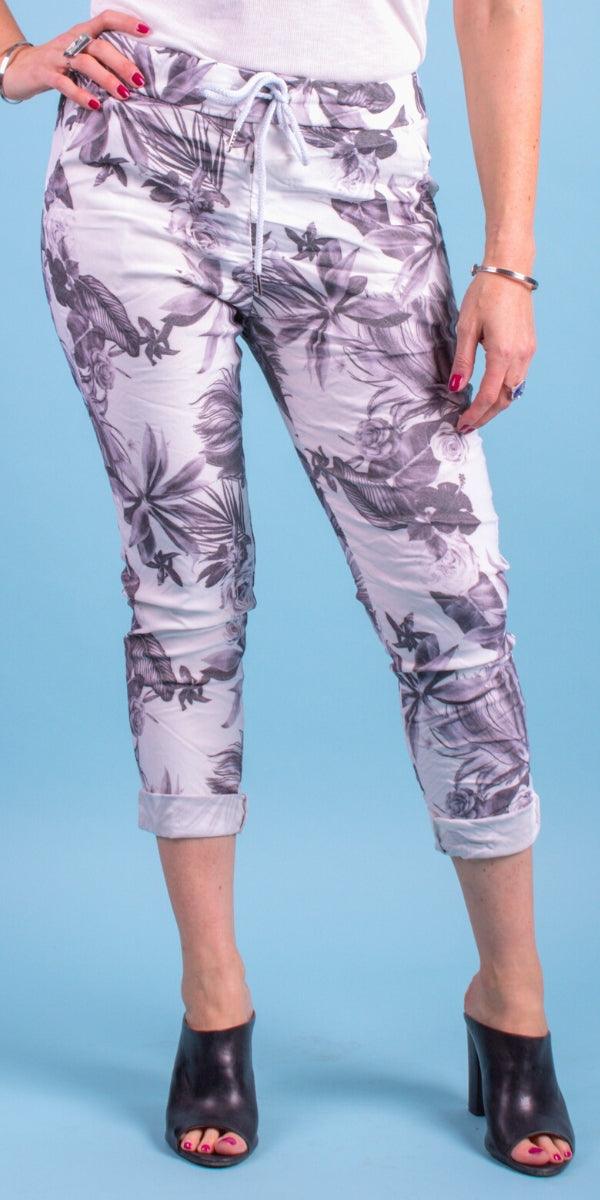 Cornelia Floral Pant - Shop Gigi Moda - Made in Italy # cropped, cropped pant, Cropped pants, drawstring, drawstring pant, drawstring pants, floral, floral design, floral pattern, Floral Print, Gigi Moda, ikat print, Italian Clothing, linen, Made in Italy, Multi Floral Print, Pants, stretchy, summer, Tie waist, washable
