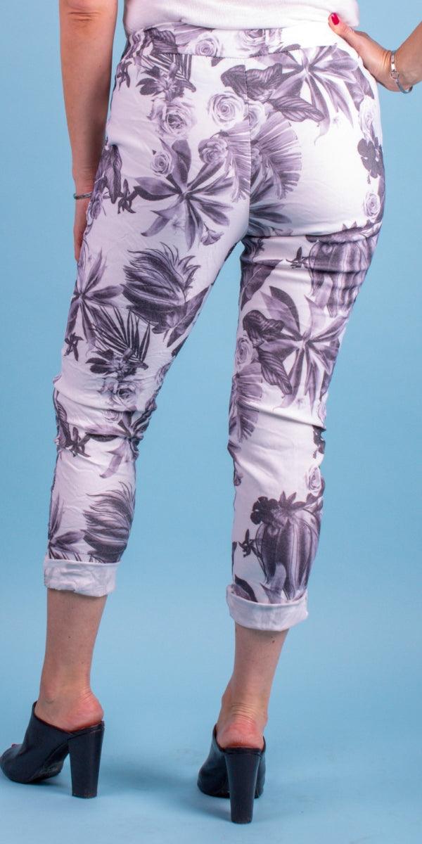 Cornelia Floral Pant - Gigi Moda - Made in Italy # cropped, cropped pant, Cropped pants, drawstring, drawstring pant, drawstring pants, floral, floral design, floral pattern, Floral Print, Gigi Moda, ikat print, Italian Clothing, linen, Made in Italy, Multi Floral Print, Pants, stretchy, summer, Tie waist, washable