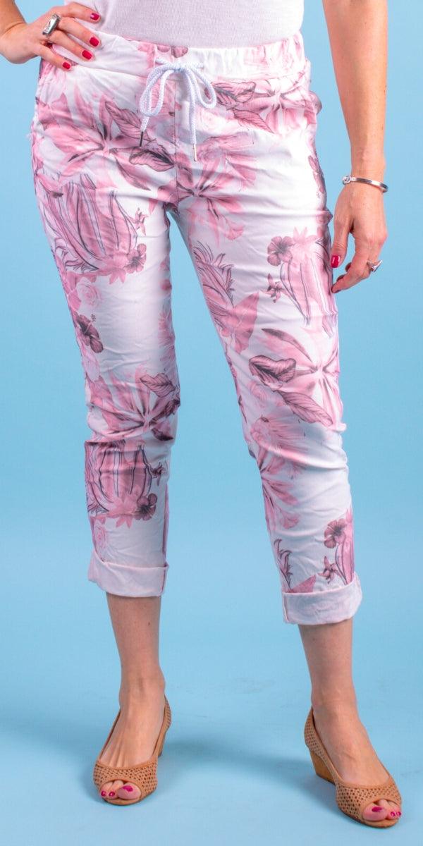 Cornelia Floral Pant - Gigi Moda - Made in Italy # cropped, cropped pant, Cropped pants, drawstring, drawstring pant, drawstring pants, floral, floral design, floral pattern, Floral Print, Gigi Moda, ikat print, Italian Clothing, linen, Made in Italy, Multi Floral Print, Pants, stretchy, summer, Tie waist, washable
