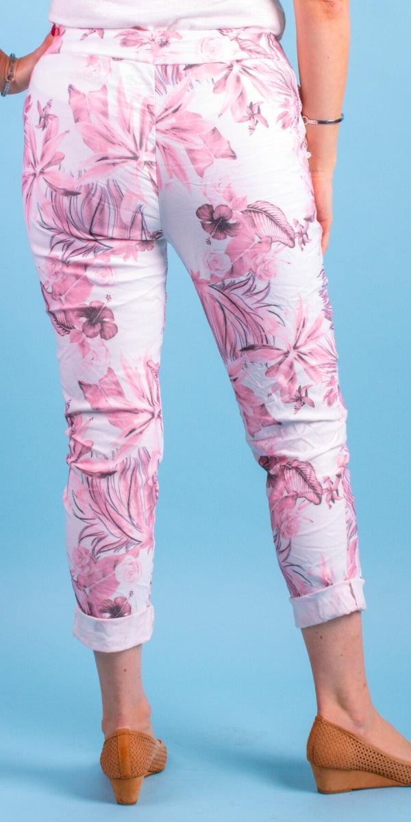 Cornelia Floral Pant - Gigi Moda - Made in Italy # cropped, cropped pant, Cropped pants, drawstring, drawstring pant, drawstring pants, floral, floral design, floral pattern, Floral Print, Gigi Moda, ikat print, Italian Clothing, linen, Made in Italy, Multi Floral Print, Pants, stretchy, summer, Tie waist, washable