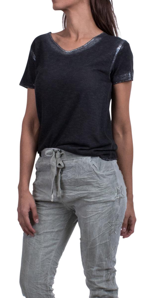 Lunia T-Shirt - Gigi Moda - Made in Italy # 8323, Gigi Moda, italian top, Made in Italy, metallic shine, one size, OS, resort, resort wear, Silver edges, washable