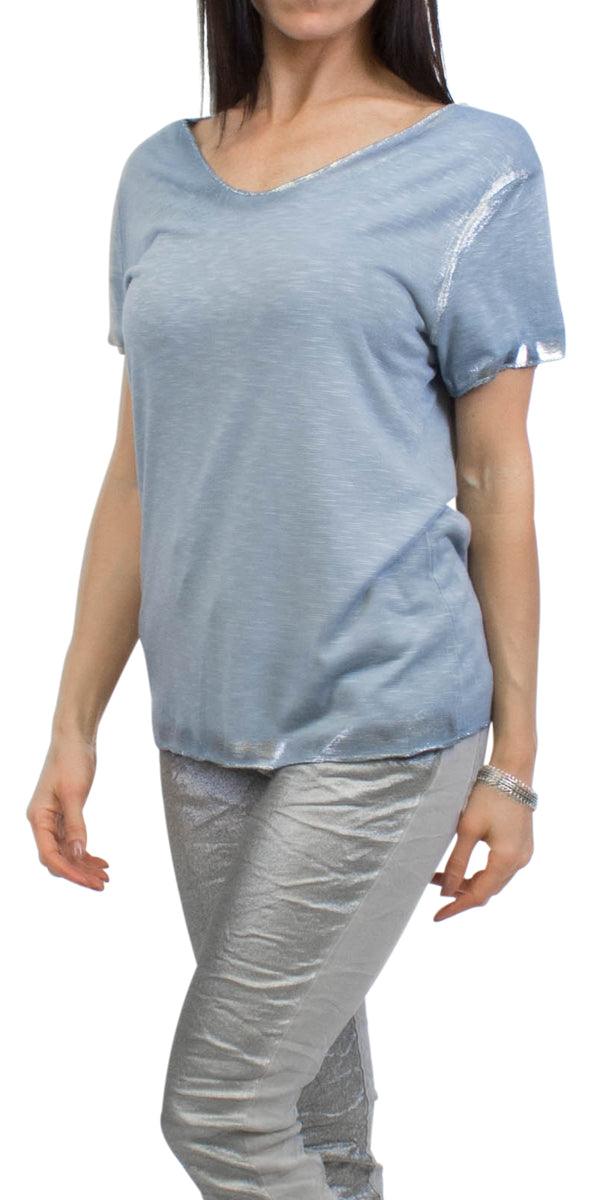 Lunia T-Shirt - Gigi Moda - Made in Italy # 8323, Gigi Moda, italian top, Made in Italy, metallic shine, one size, OS, resort, resort wear, Silver edges, washable
