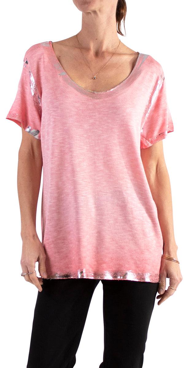 Lunia T-Shirt - Gigi Moda - Made in Italy # 8323, Gigi Moda, italian top, Made in Italy, metallic shine, one size, OS, resort, resort wear, Silver edges, washable