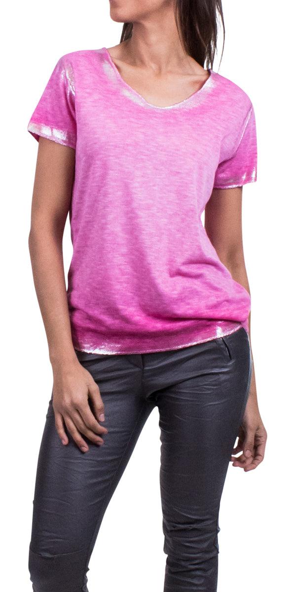 Lunia T-Shirt - Gigi Moda - Made in Italy # 8323, Gigi Moda, italian top, Made in Italy, metallic shine, one size, OS, resort, resort wear, Silver edges, washable