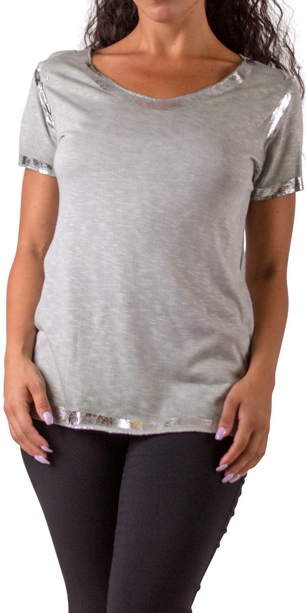 Lunia T-Shirt - Gigi Moda - Made in Italy # 8323, Gigi Moda, italian top, Made in Italy, metallic shine, one size, OS, resort, resort wear, Silver edges, washable