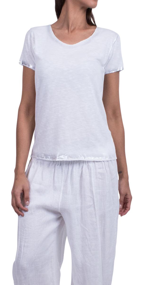 Lunia T-Shirt - Gigi Moda - Made in Italy # 8323, Gigi Moda, italian top, Made in Italy, metallic shine, one size, OS, resort, resort wear, Silver edges, washable