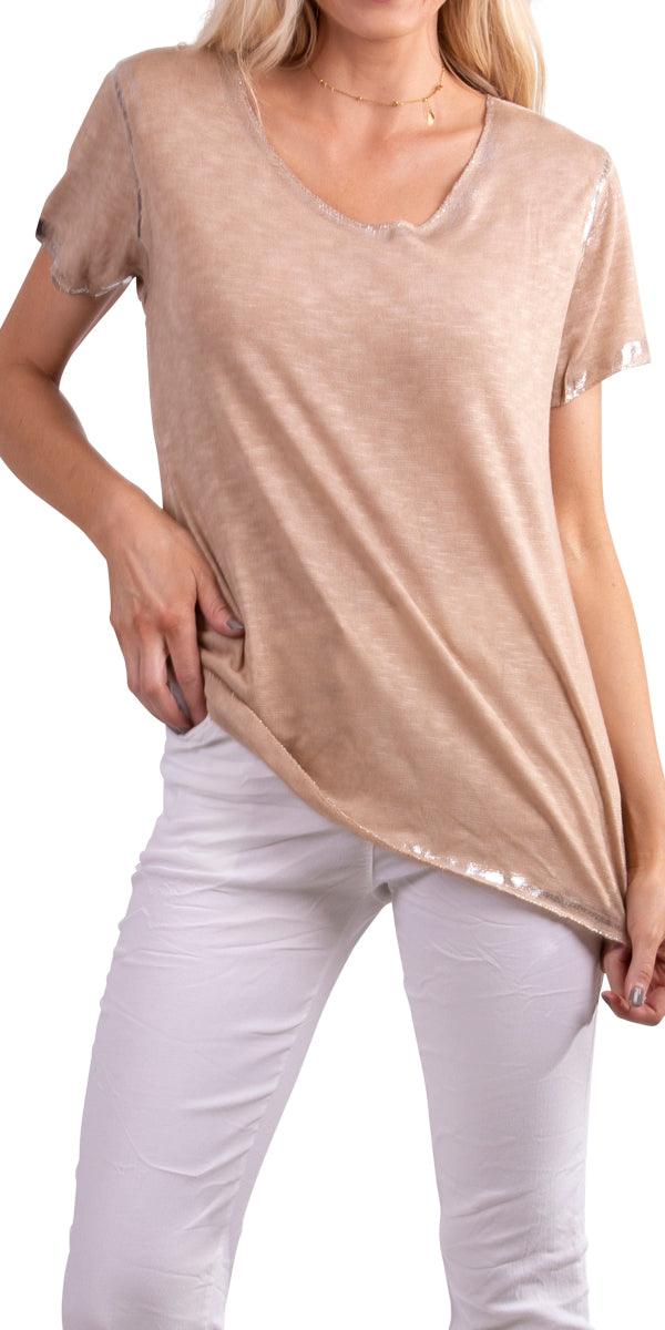 Lunia T-Shirt - Gigi Moda - Made in Italy # 8323, Gigi Moda, italian top, Made in Italy, metallic shine, one size, OS, resort, resort wear, Silver edges, washable
