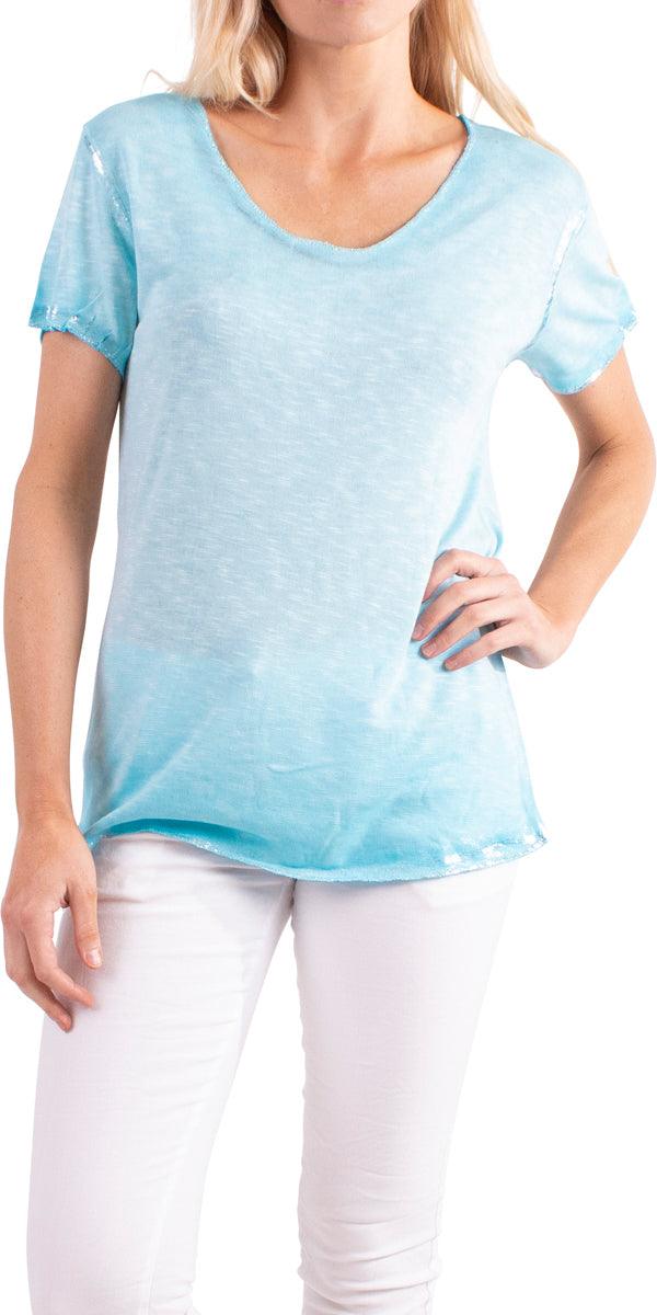 Lunia T-Shirt - Gigi Moda - Made in Italy # 8323, Gigi Moda, italian top, Made in Italy, metallic shine, one size, OS, resort, resort wear, Silver edges, washable