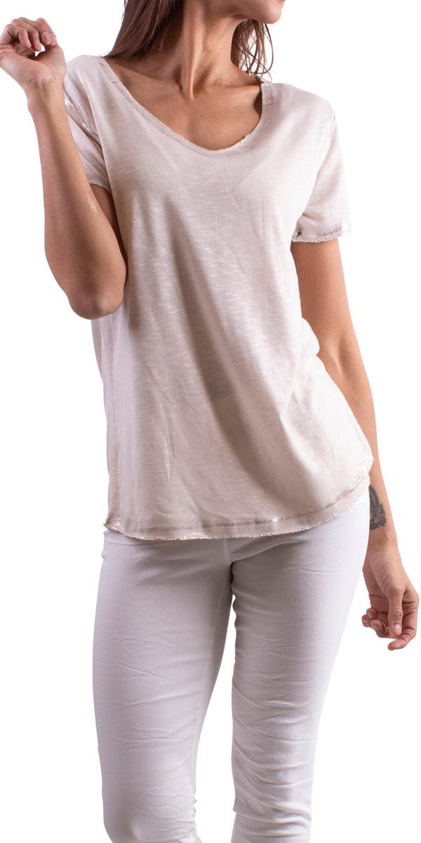Lunia T-Shirt - Gigi Moda - Made in Italy # 8323, Gigi Moda, italian top, Made in Italy, metallic shine, one size, OS, resort, resort wear, Silver edges, washable