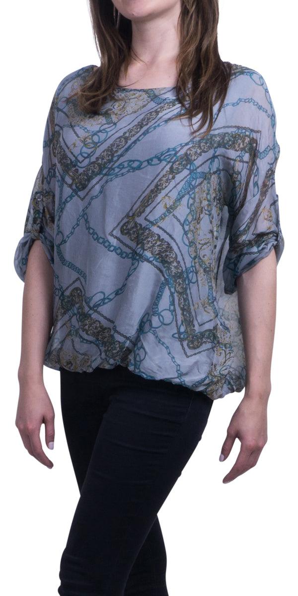 Chain Print Silk Top - Gigi Moda - Made in Italy # Balloon Hem, Chains, Cuffed Sleeves, Digital Print, Made in Italy, Print, Textile