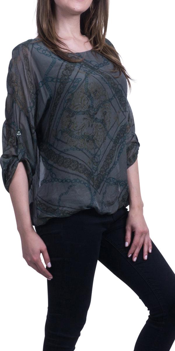 Chain Print Silk Top - Gigi Moda - Made in Italy # Balloon Hem, Chains, Cuffed Sleeves, Digital Print, Made in Italy, Print, Textile