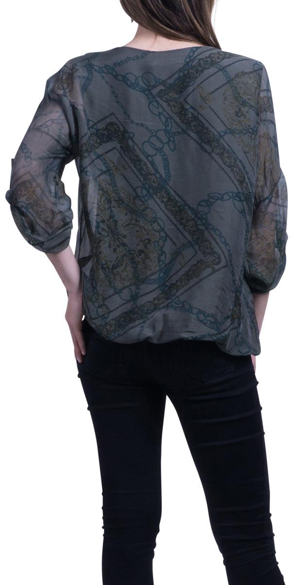 Chain Print Silk Top - Gigi Moda - Made in Italy # Balloon Hem, Chains, Cuffed Sleeves, Digital Print, Made in Italy, Print, Textile
