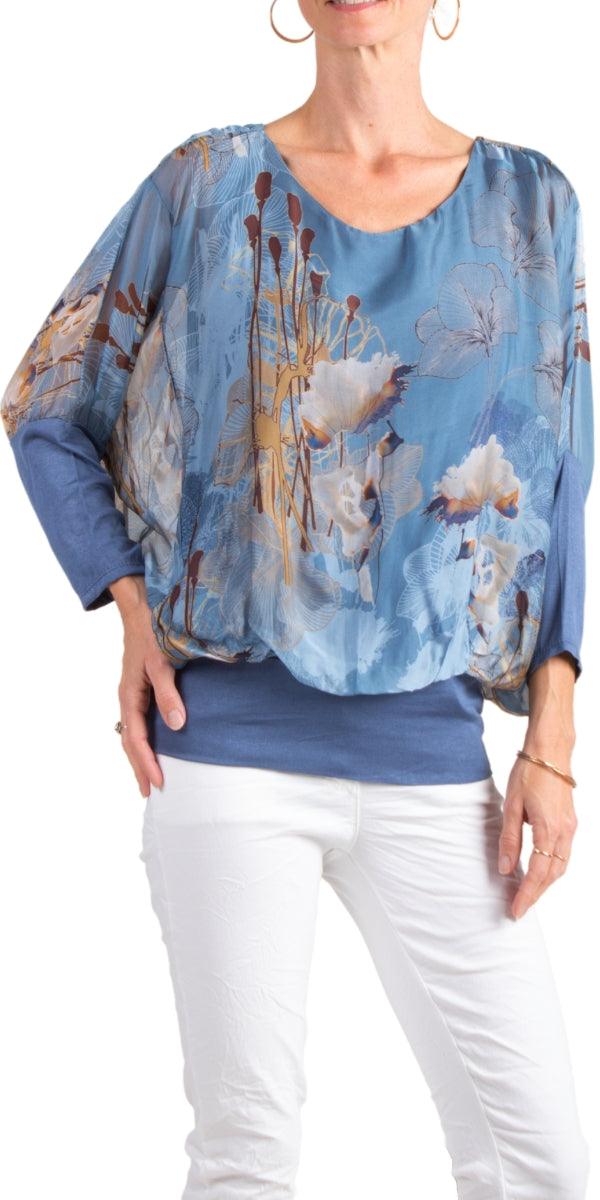 Daphna Floral Blouse - Shop Gigi Moda - Made in Italy # 100% Silk, batwing, elastic waistband, floral, floral pattern, Floral Print, Gigi Moda, italian silk blouse, shop gigi moda, Silk, silk blouse, Silk top