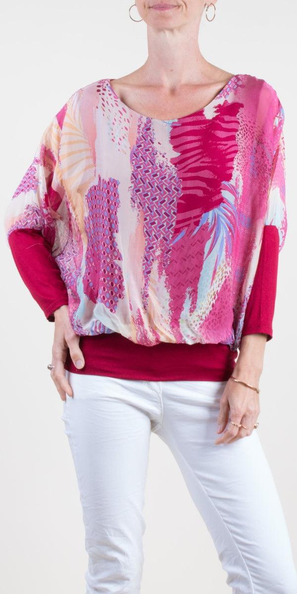 Daphna Serra Blouse - Gigi Moda - Made in Italy # 100% Silk, batwing, elastic waistband, floral, floral pattern, Floral Print, Gigi Moda, italian silk blouse, shop gigi moda, Silk, silk blouse, Silk top