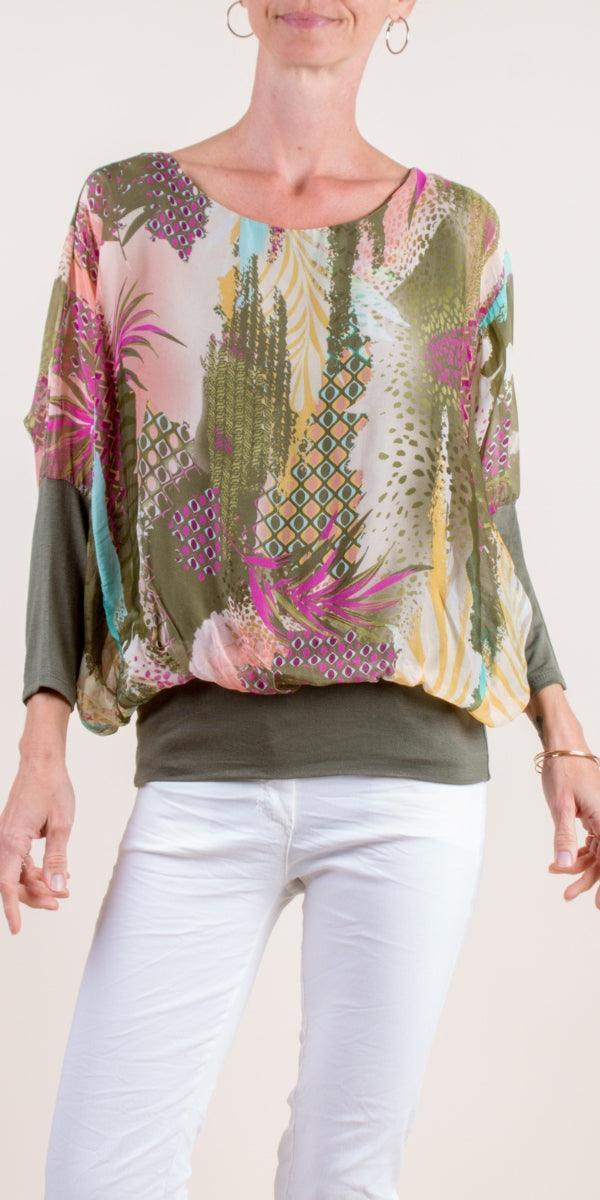 Daphna Serra Blouse - Gigi Moda - Made in Italy # 100% Silk, batwing, elastic waistband, floral, floral pattern, Floral Print, Gigi Moda, italian silk blouse, shop gigi moda, Silk, silk blouse, Silk top