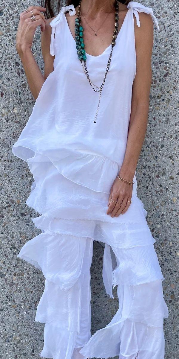 Semilia Tank - Gigi Moda - Made in Italy # Italian Made, layered, Made in Italy, panel at hem, ruffled hem, shoulder ties, silk, silk top, sleeveless, solid color