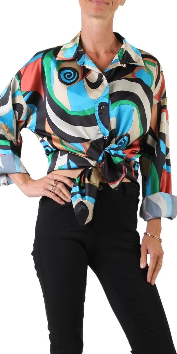 Discoteca Shirt - Gigi Moda - Made in Italy # button down, collared, disco print, Gigi Moda, italian apparel, italian brand, Italian Clothing, italian shirt, Made in Italy, online shopping, OS, shop gigi moda, ties at front, Top