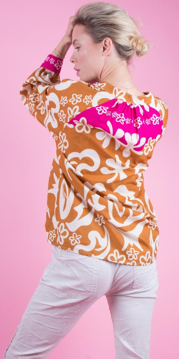 Two-Tone Aloha Print Shirt - Gigi Moda - Made in Italy # 100% Cotton, aloha print, button down, front tie, Gigi Moda, italian apparel, italian brand, Italian Clothing, italian shirt, Made in Italy, mandarin collar, online shopping, OS, shirt, shop gigi moda, Top